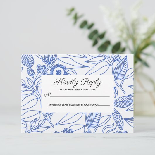 Blue Botanical Personalized Floral Wedding RSVP (Staand voorkant)