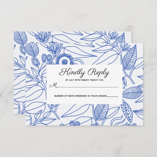 Blue Botanical Personalized Floral Wedding RSVP (Voorkant / Achterkant)