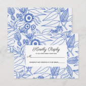 Blue Botanical Personalized Floral Wedding RSVP Kaartje (Voorkant / Achterkant)
