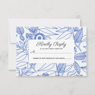 Blue Botanical Personalized Floral Wedding RSVP Kaartje