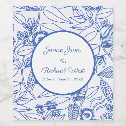 Blue Botanical Personalized Navy Lijst Wijn Etiket (Enkel label)