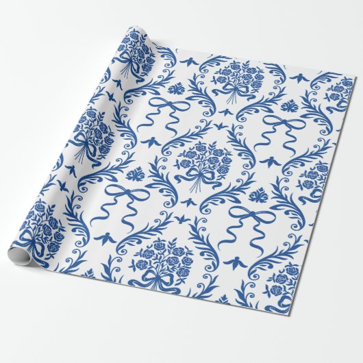 Blue Botanical Ribbon Bouquet Cadeaupapier (Uitgerold)