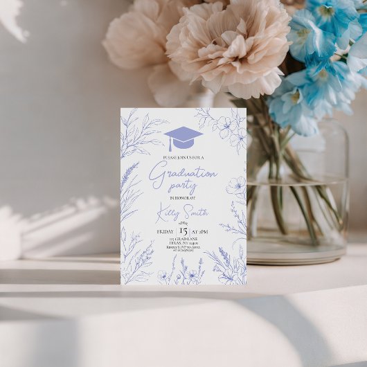 Blue Botanical Sketch Graduation Invite Kaart