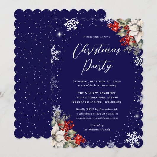 Blue Botanical Snowflake Christmas Party Kaart (Voorkant / Achterkant)