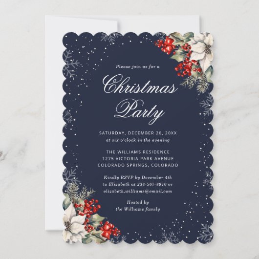 Blue Botanical Snowflake Elegant Christmas Party Kaart (Voorkant)