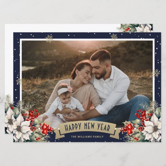 Blue Botanical Snowflake Photo Happy New Year Feestdagenkaart (Voorkant / Achterkant)