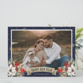 Blue Botanical Snowflake Photo Happy New Year Feestdagenkaart (Staand voorkant)