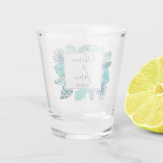 Blue Botanical Tropical Palm Summer Beach Weddensc Shot Glas (Achterkant)