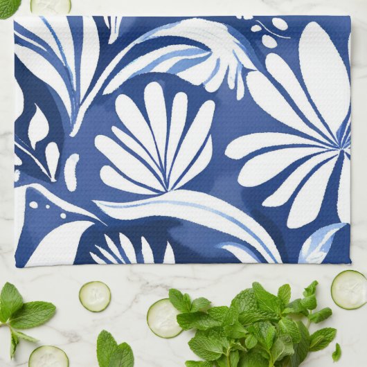 Blue Botanical Watercolor Floral Pattern Theedoek (Gevouwen)