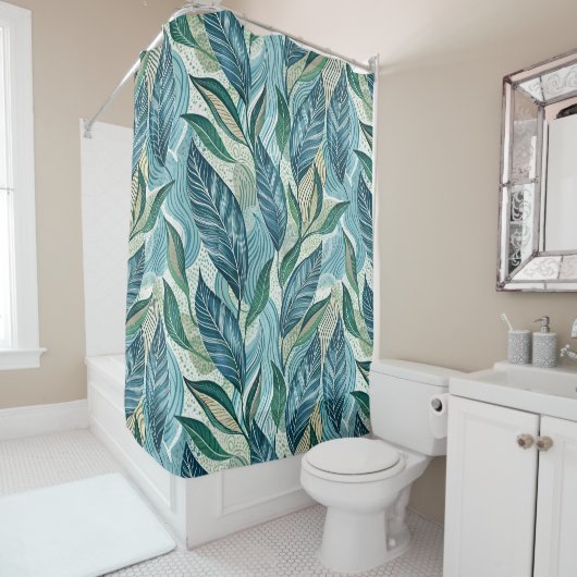 Blue Botanical Wave Modern Pattern Douchegordijn (In situ)