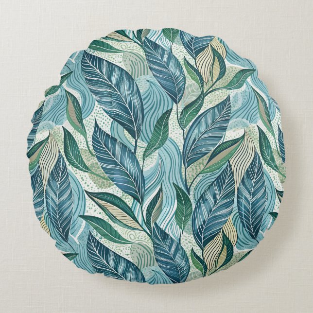 Blue Botanical Wave Modern Pattern Rond Kussen (Voorkant)