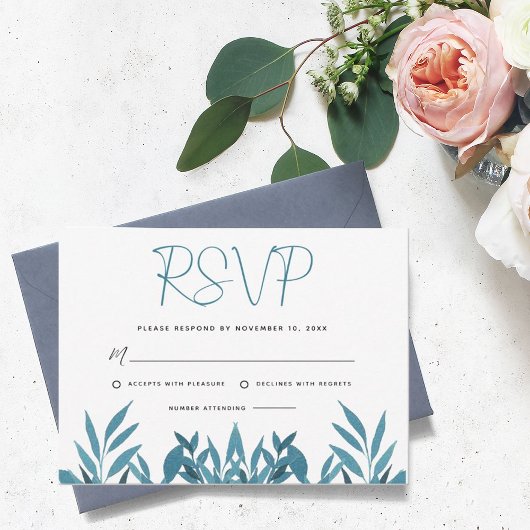 Blue Botanical Wedding RSVP Card