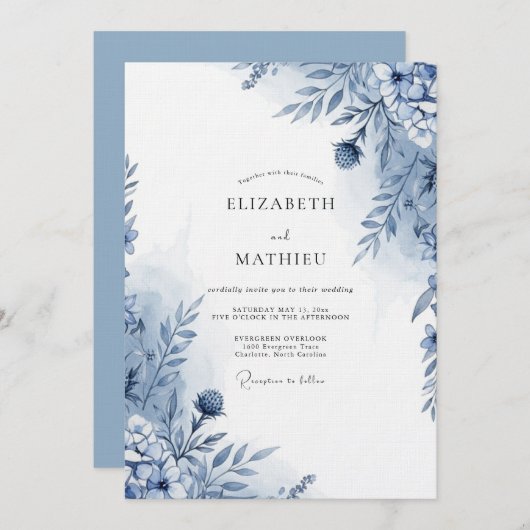Blue Botanical Whimsy Wedding Kaart (Voorkant / Achterkant)