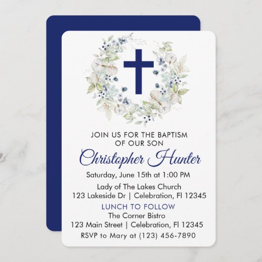 Blue Botanical Wreath Boy Baptisme Kaart (Voorkant / Achterkant)