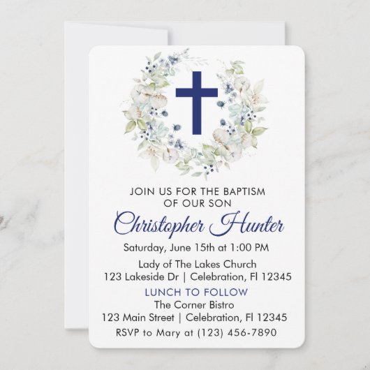 Blue Botanical Wreath Boy Baptisme Kaart (Voorkant)