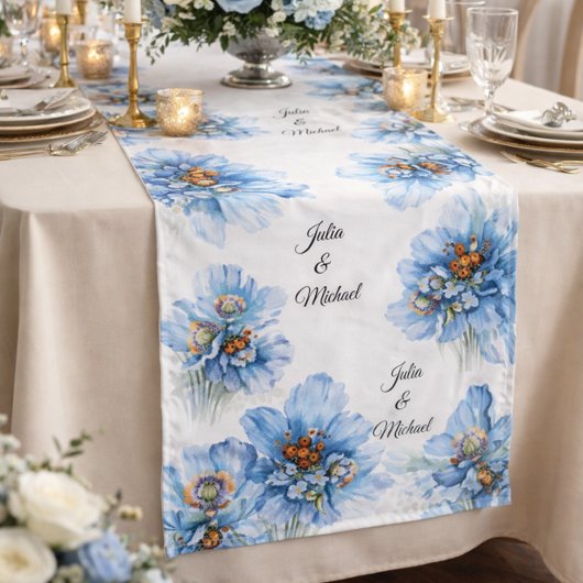 Blue  Botanical  Wreath Wedding Decor Newlyweds Lange Tafelloper