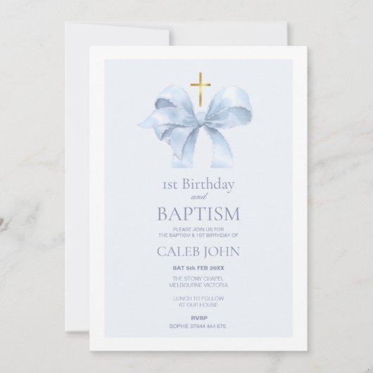Blue Bow 1e verjaardag en doop voor jongen Kaart (Voorkant)