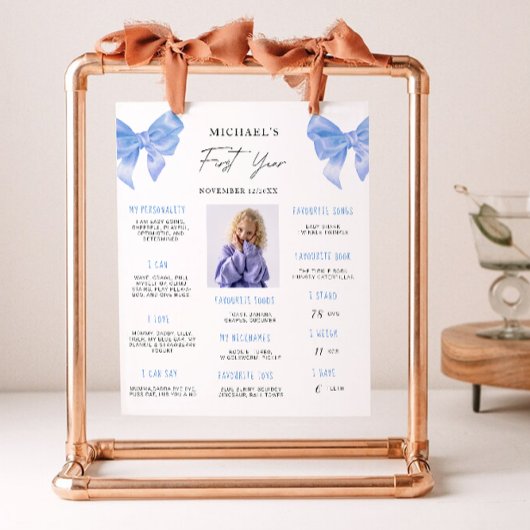 Blue Bow 1st Birthday Milestone Board Poster