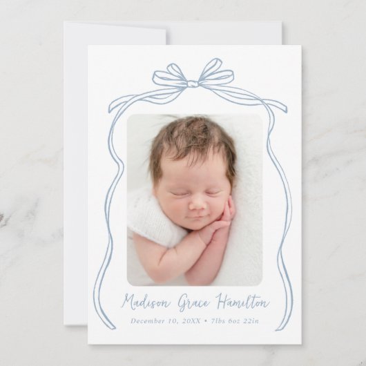  Blue Bow 2 Foto Geboorte Aankondiging (Voorkant)