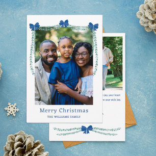 Blue Bow-Adorned Garland Vrolijke Kerstfoto Feestdagenkaart
