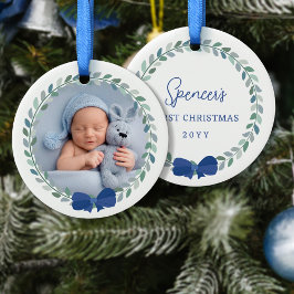 Blue Bow-Adorned Krans Baby's Eerste Kerstmis Keramisch Ornament