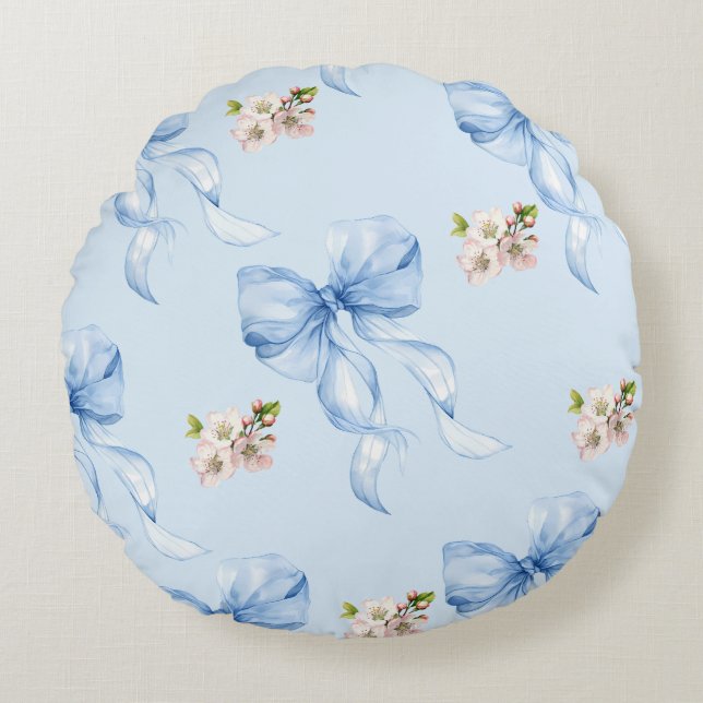 Blue bow and cherry blossom rond kussen (Voorkant)