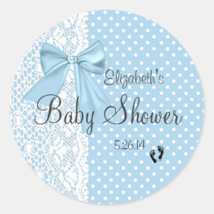 Blue Bow and Lace Baby shower Guest Favor Ronde Sticker