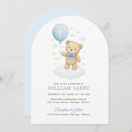 Blue Bow Arch Doop Uitnodiging voor Baby Boy (Voorkant / Achterkant)