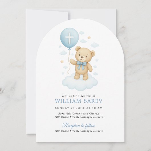 Blue Bow Arch Doop Uitnodiging voor Baby Boy (Voorkant)