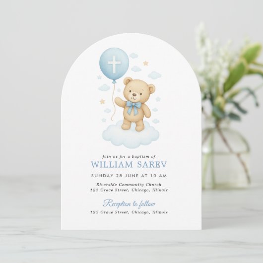 Blue Bow Arch Doop Uitnodiging voor Baby Boy (Staand voorkant)