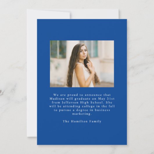 Blue Bow Arch Foto Afstuderen Aankondiging (Achterkant)