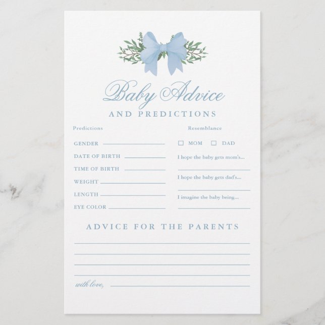 Blue Bow Baby Advies en voorspellingen Douche Spel (Voorkant)