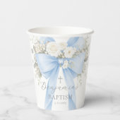 Blue Bow Baby Boy Baptism Eucalyptus Papieren Bekers (Achterkant)