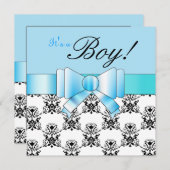 Blue Bow Baby Boy Shower Black en White Damask Kaart (Voorkant / Achterkant)