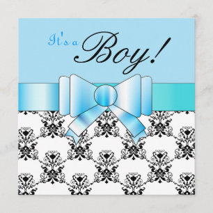 Blue Bow Baby Boy Shower Black en White Damask Kaart