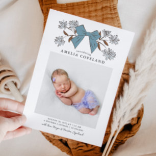 Blue Bow Baby foto geboorteaankondiging Aankondiging