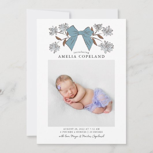 Blue Bow Baby foto geboorteaankondiging Aankondiging (Voorkant)