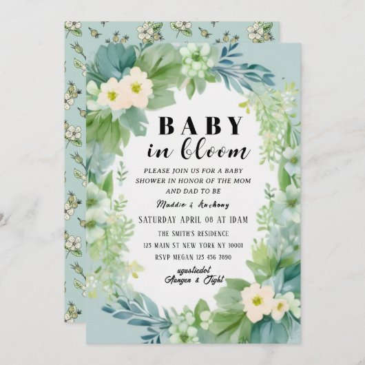 Blue Bow Baby in Bloom Baby shower Uitnodiging (Voorkant / Achterkant)