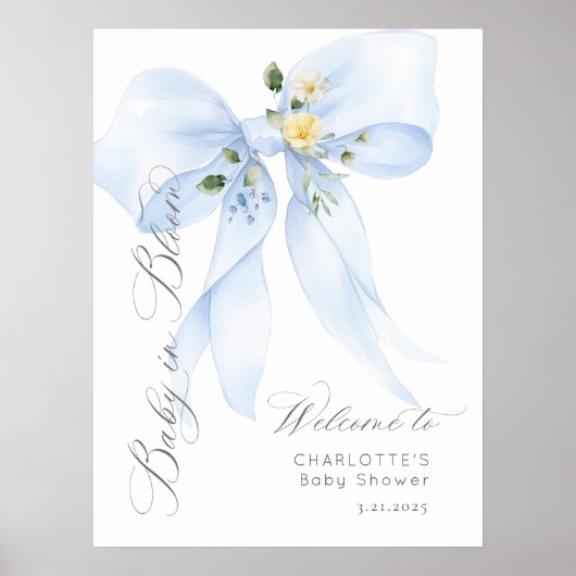 Blue Bow Baby in Bloom Baby shower Welkom Poster (Voorkant)