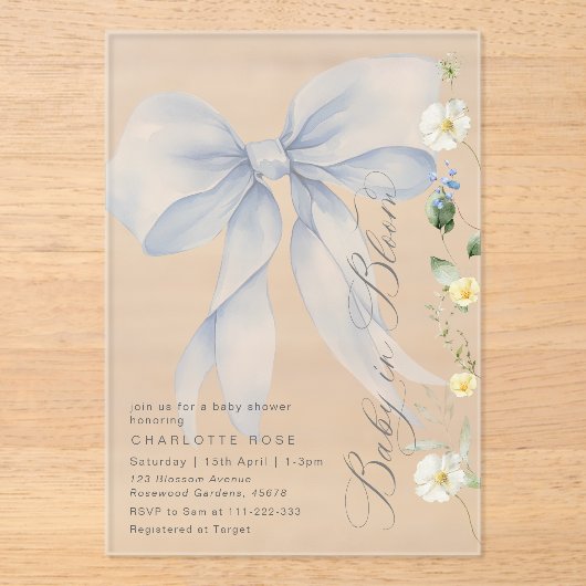 Blue Bow Baby in Bloom bloemetjes Baby boy shower Acryl Uitnodigingen (Voorkant)