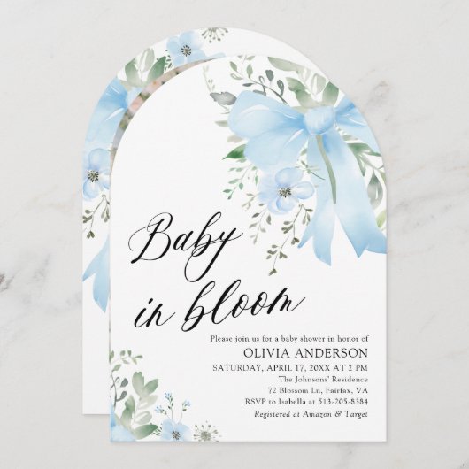Blue Bow Baby in Bloom Floral Arch Baby shower Kaart (Voorkant / Achterkant)