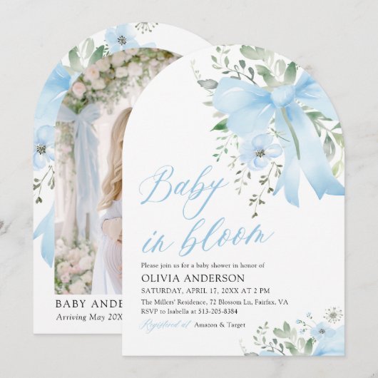 Blue Bow Baby in Bloom Floral Boy Arch Baby shower Kaart (Voorkant / Achterkant)