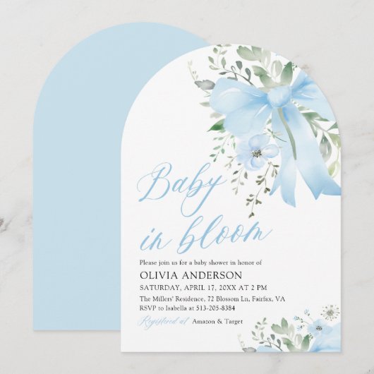 Blue Bow Baby in Bloom Floral Boy Arch Baby shower Kaart (Voorkant / Achterkant)
