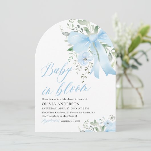 Blue Bow Baby in Bloom Floral Boy Arch Baby shower Kaart (Staand voorkant)