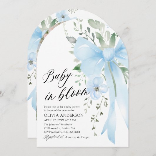 Blue Bow Baby in Bloom Floral Boy Arch Baby shower Kaart (Voorkant / Achterkant)
