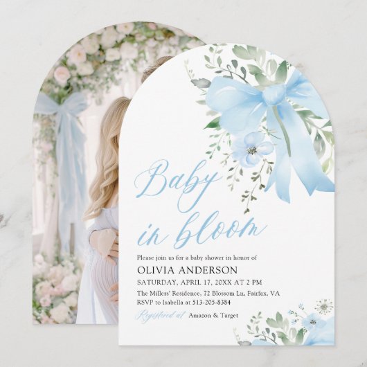 Blue Bow Baby in Bloom Floral Boy Arch Baby shower Kaart (Voorkant / Achterkant)