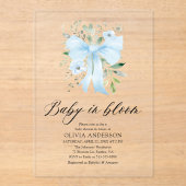 Blue Bow Baby in Bloom Floral Boy Baby shower Acryl Uitnodigingen (Voorkant)