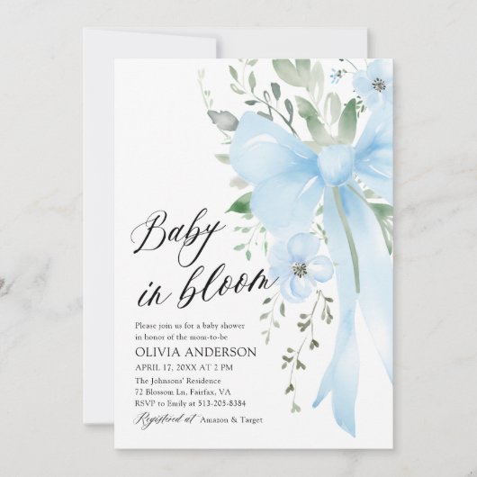 Blue Bow Baby in Bloom Floral Boy Baby shower Kaart (Voorkant)