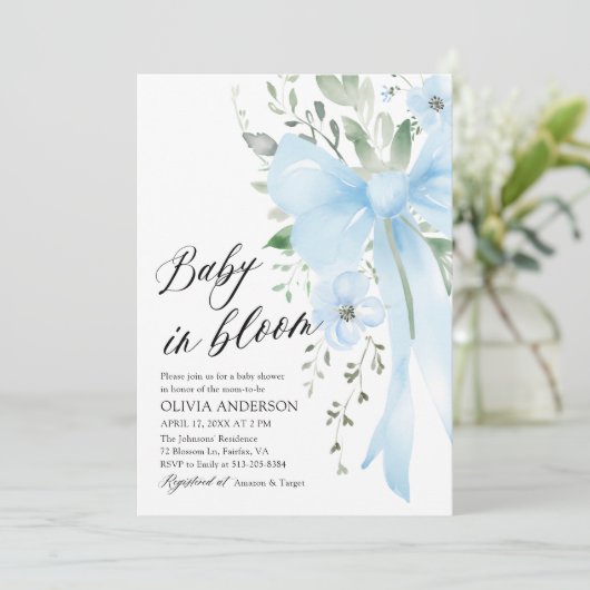 Blue Bow Baby in Bloom Floral Boy Baby shower Kaart (Staand voorkant)