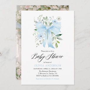 Blue Bow Baby in Bloom Floral Boy Baby shower Kaart